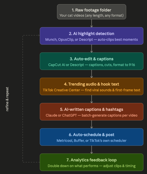 Workflow diagram for automating cat content for TikTok.